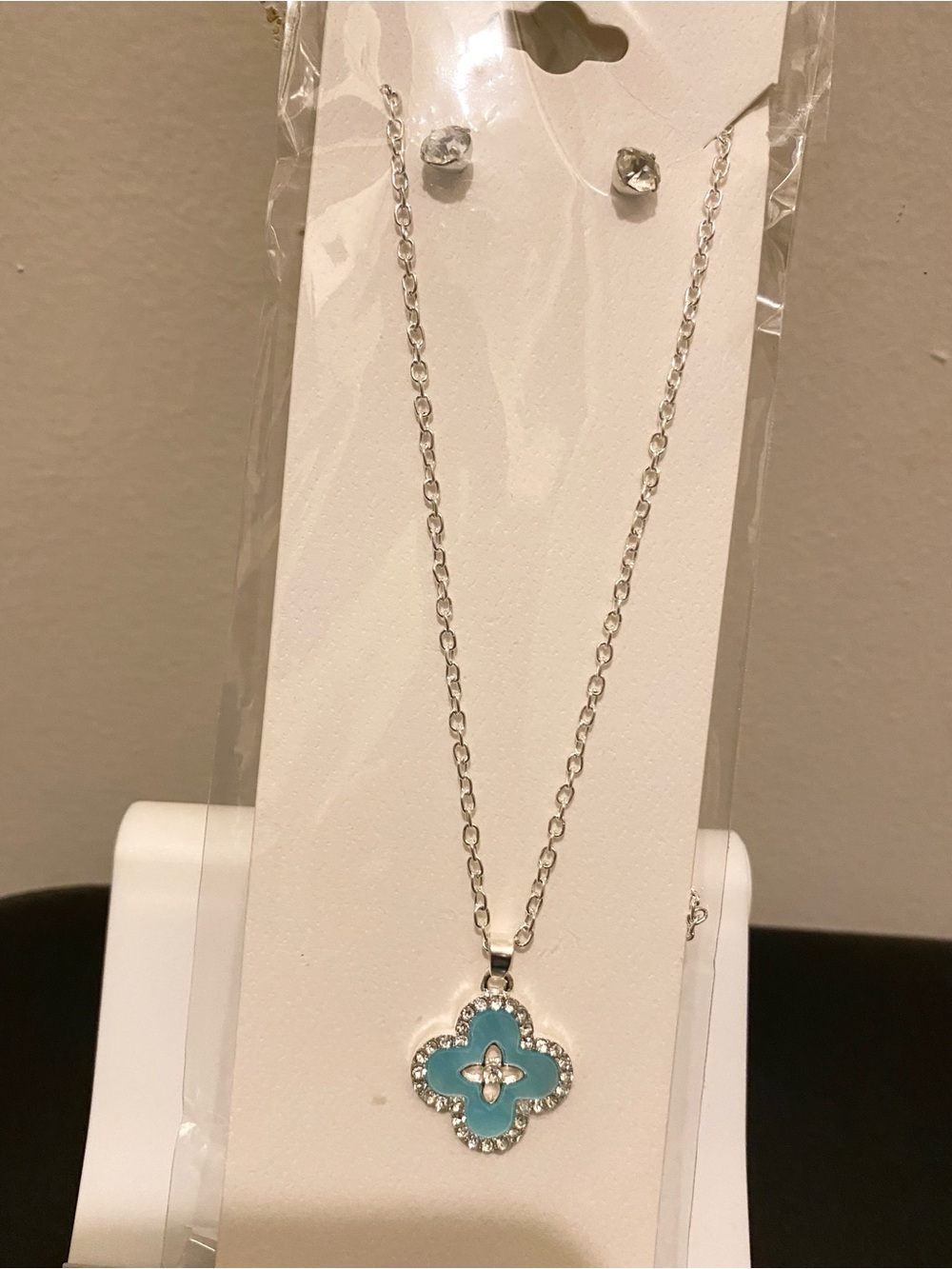 Silver Brand Turquoise Clover Pendant Necklace with Crystal Accents & Earrings